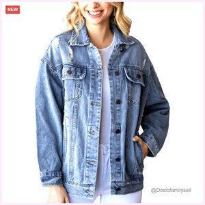 Oversized Distressed Denim Jacket Drop Shoulder Ripped Casual Coat